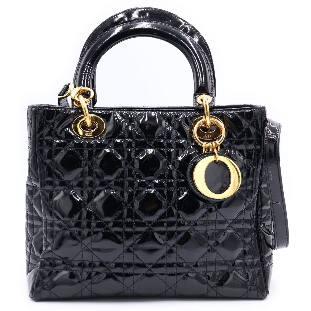 Dior Lady 2-Way Shoulder Bag Black Patent Leather Gold