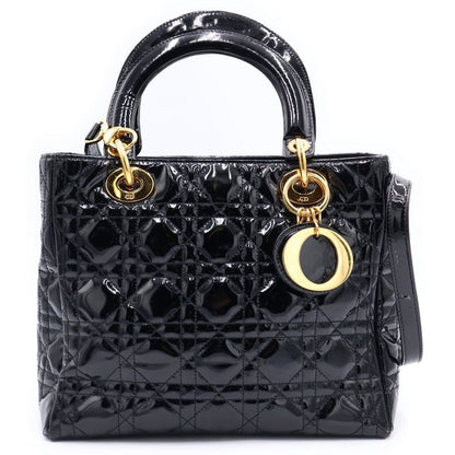 Dior Lady 2-Way Shoulder Bag Black Patent Leather Gold