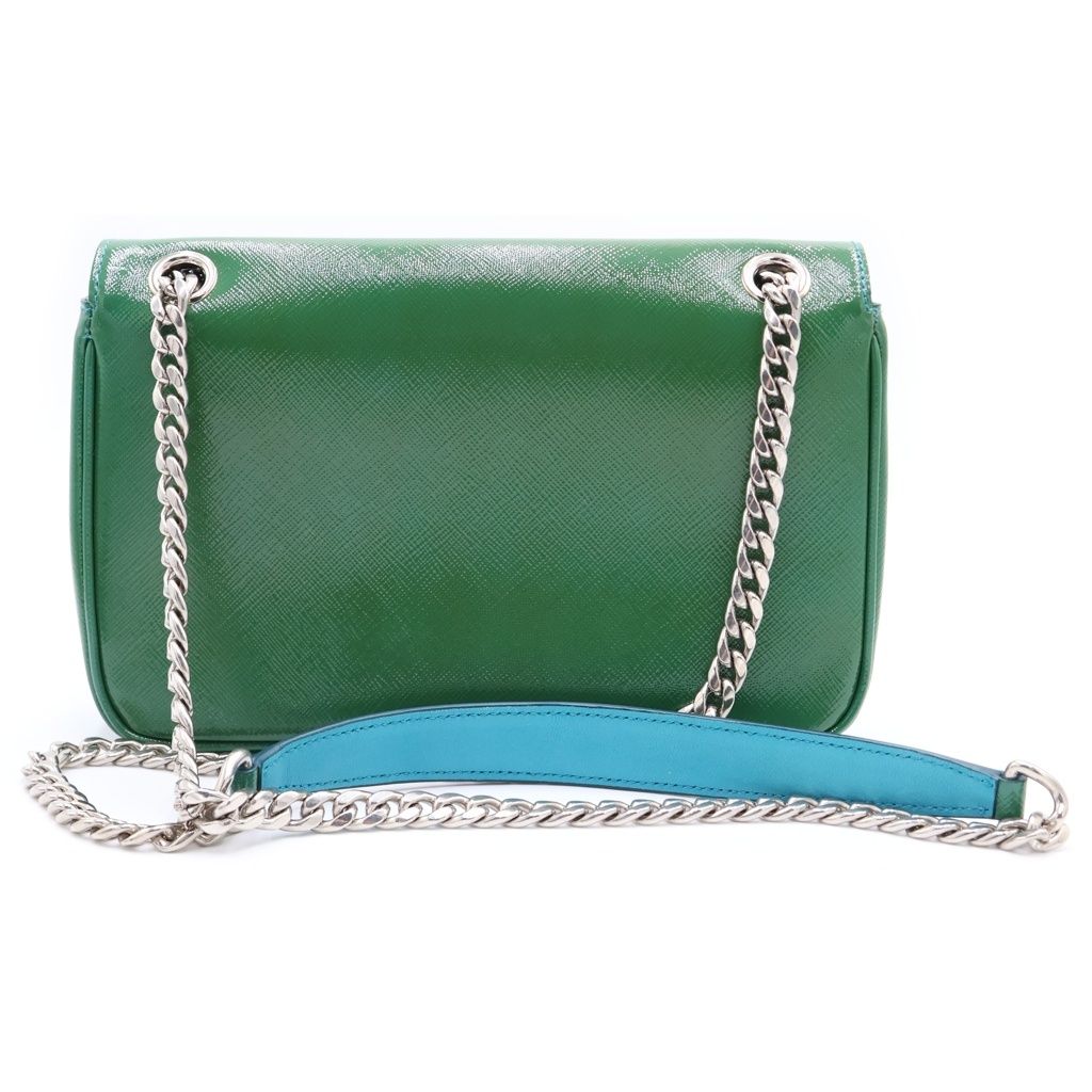 Prada Saffiano Shoulder Bag Chain Green Blue Patent Leather Silver — view 2