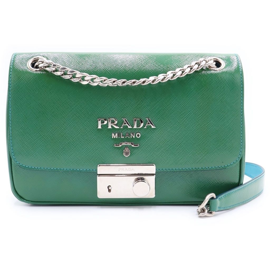 Prada Saffiano Shoulder Bag Chain Green Blue Patent Leather Silver