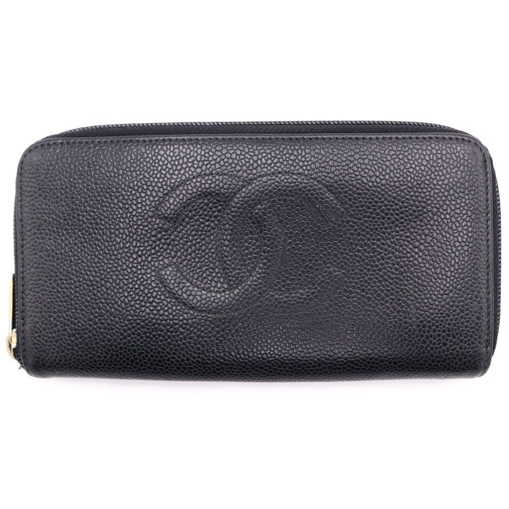 Chanel Round Wallet Card Case Black Caviar Leather Gold