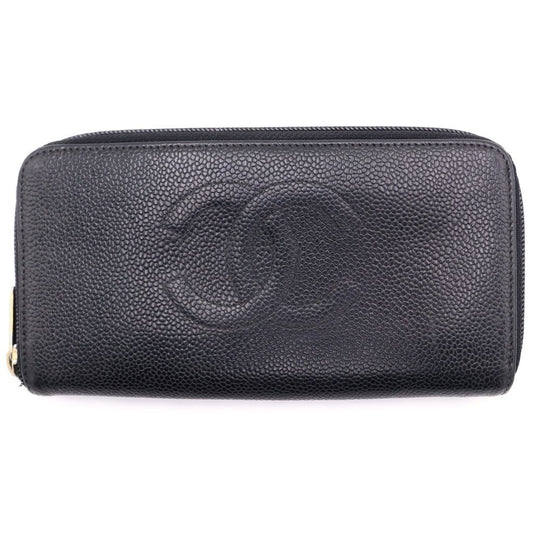 Chanel Round Wallet Card Case Black Caviar Leather Gold
