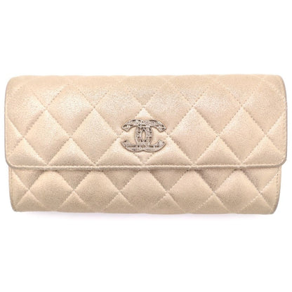 Chanel Quilted Wallet Card Case Goatskin Champagne Gold Silver