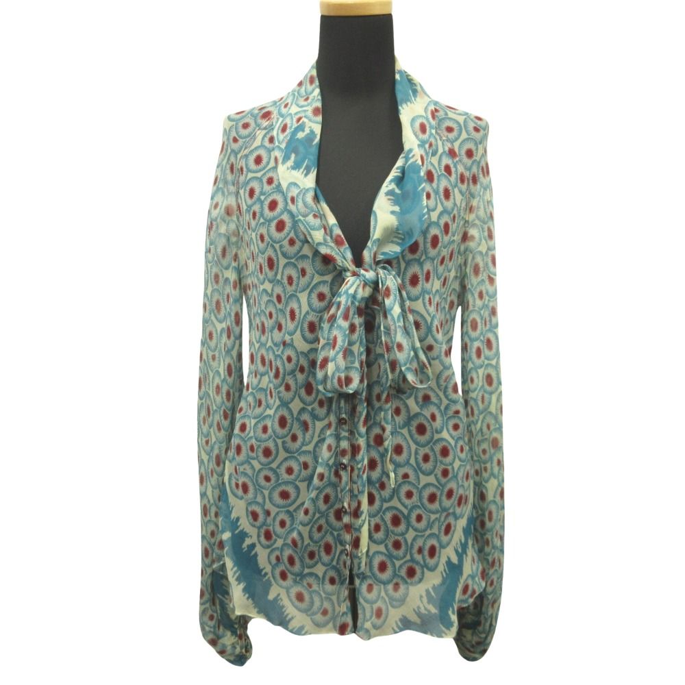 Hermes Sheer Silk Shirt Top Blouse Top All Over Pattern Ribbon Bowtie 42 Blue