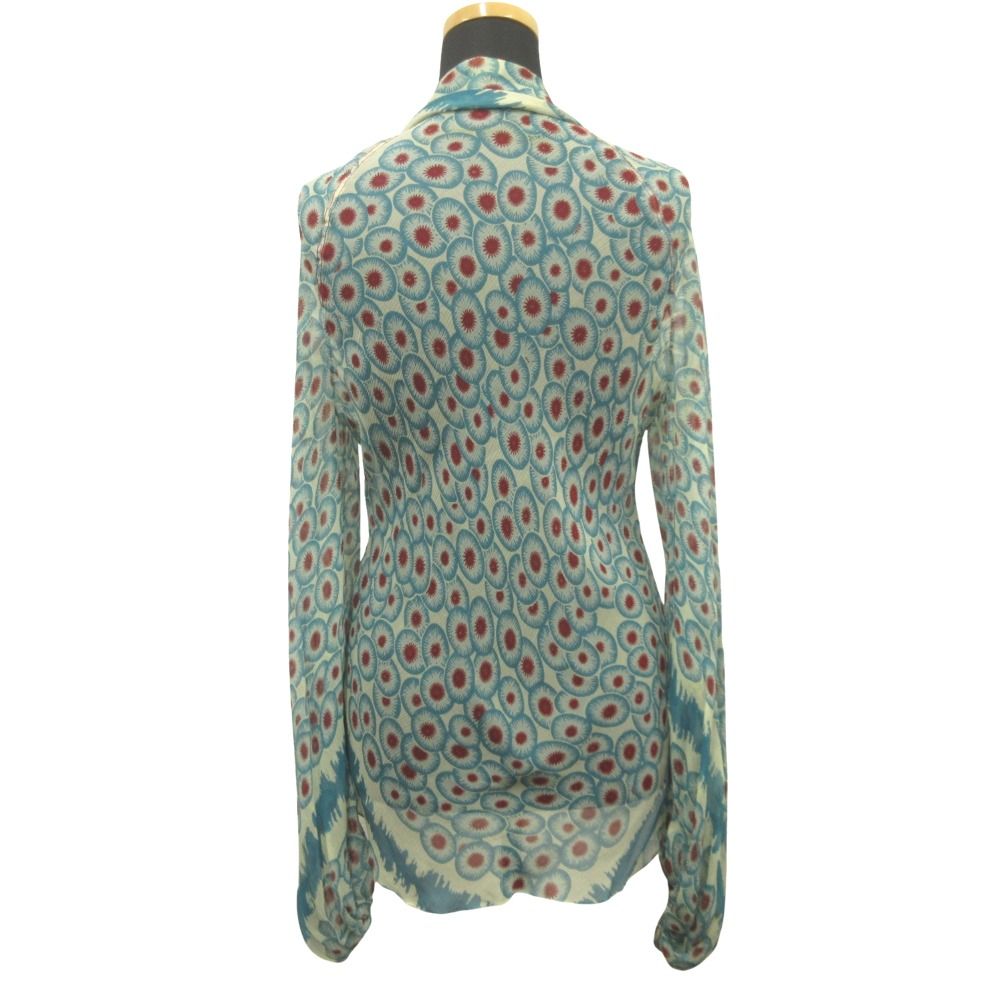 Hermes Sheer Silk Shirt Top Blouse Top All Over Pattern Ribbon Bowtie 42 Blue — view 2