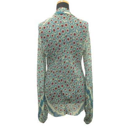 Hermes Sheer Silk Shirt Top Blouse Top All Over Pattern Ribbon Bowtie 42 Blue — view 2