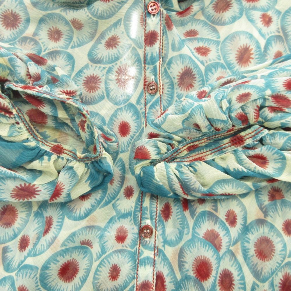 Hermes Sheer Silk Shirt Top Blouse Top All Over Pattern Ribbon Bowtie 42 Blue — view 8
