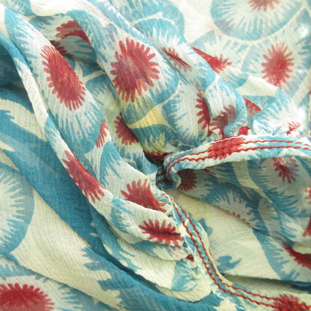 Hermes Sheer Silk Shirt Top Blouse Top All Over Pattern Ribbon Bowtie 42 Blue — view 7
