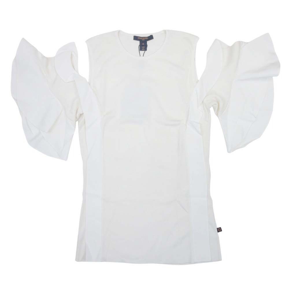 Louis Vuitton Knit Top Wool Silk Chiffon Ruffle Frill Open Shoulder M Ivory