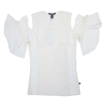 Louis Vuitton Knit Top Wool Silk Chiffon Ruffle Frill Open Shoulder M Ivory