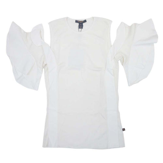 Louis Vuitton Knit Top Wool Silk Chiffon Ruffle Frill Open Shoulder M Ivory