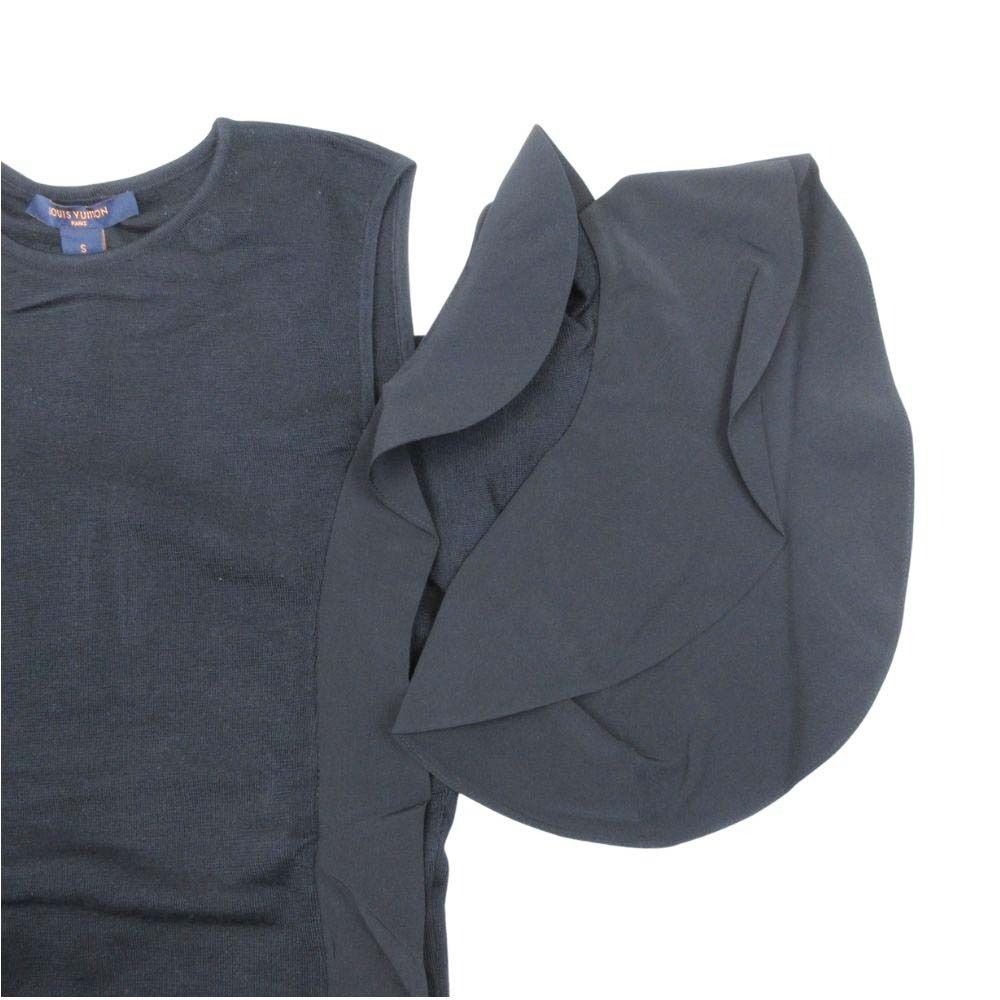 Louis Vuitton Knit Top Wool Silk Chiffon Ruffle Frill Top Open Shoulder S Black — view 3