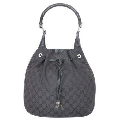 Gucci GG Canvas Bamboo Drawstring Shoulder Bag Dark Brown Black