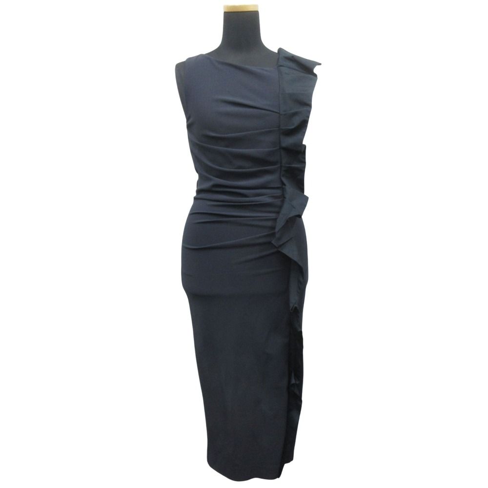 Max Mara Asymmetric Ruffle Frill Midi Dress Sleeveless White Tag 36 Navy