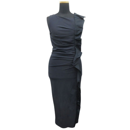 Max Mara Asymmetric Ruffle Frill Midi Dress Sleeveless White Tag 36 Navy