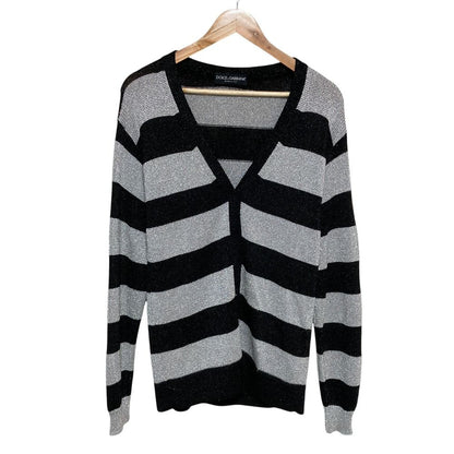 Dolce & Gabbana Border Pattern Lame Knit Cardigan 36 Black Gray