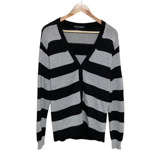 Dolce & Gabbana Border Pattern Lame Knit Cardigan 36 Black Gray