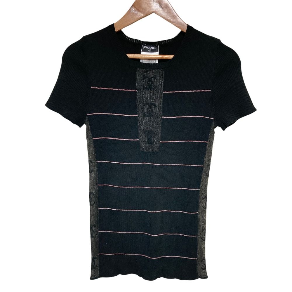 Chanel Mesh CC Logo Rib Knit Top Summer 38 Black Sweater