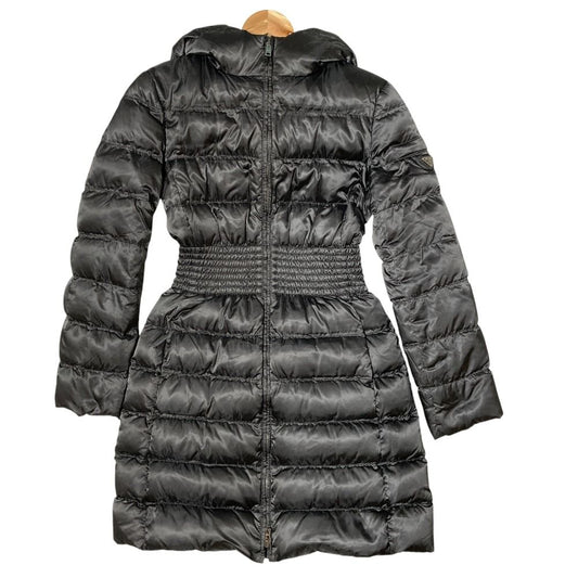 Prada Waist Shirred Hooded Down Coat 36 Gray