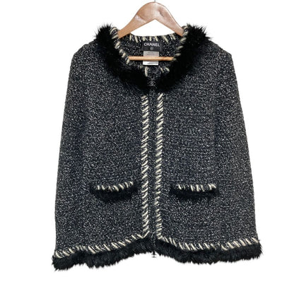 Chanel Tweed Knit Zip Up Jacket 36 Black