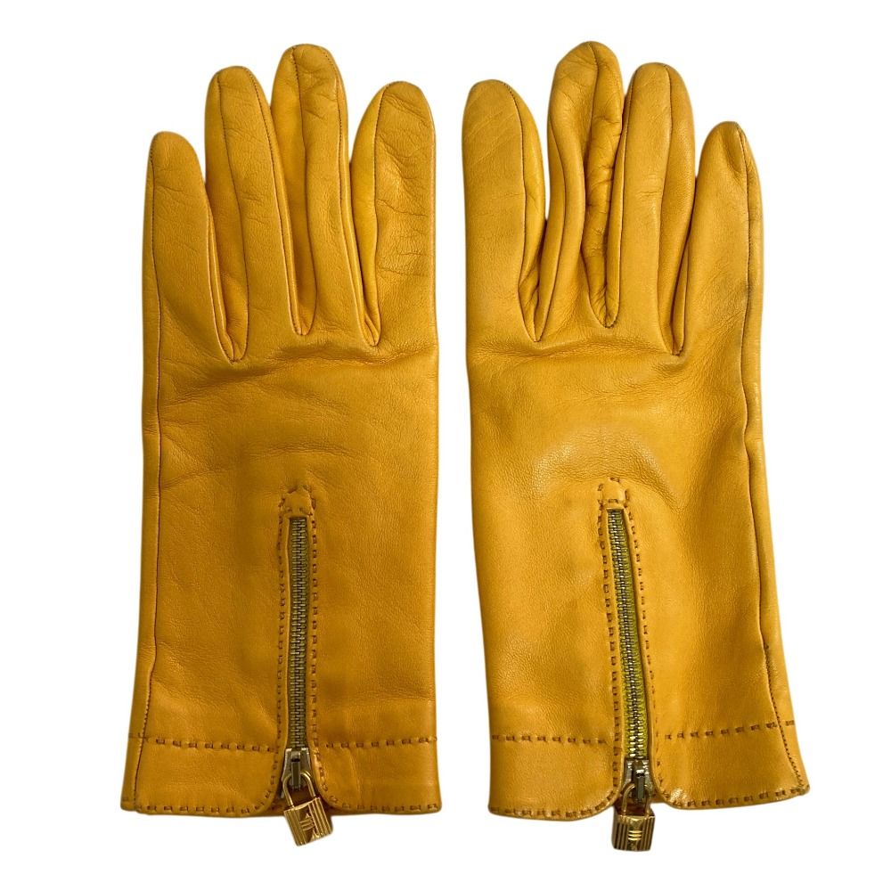 Hermes Cadena Zip Leather Gloves 7 Yellow — view 2