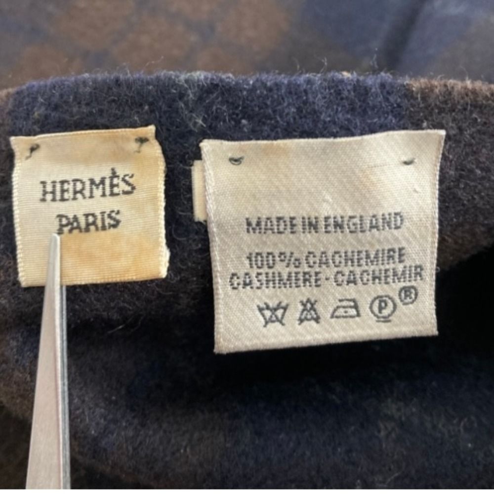 Hermes Check Cashmere 100% Fringe Scarf Brown Navy — view 4