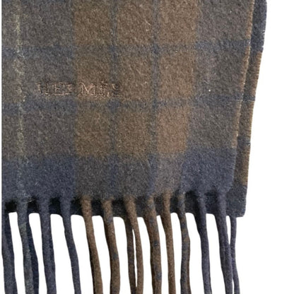 Hermes Check Cashmere 100% Fringe Scarf Brown Navy — view 2