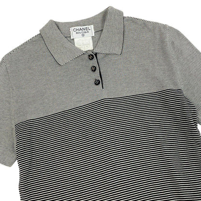 Chanel Boutique CC Logo Button Short Sleeve Polo Shirt Border 38 Black White — view 4