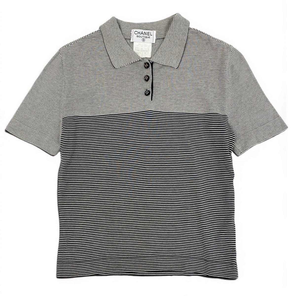 Chanel Boutique CC Logo Button Short Sleeve Polo Shirt Border 38 Black White — view 2