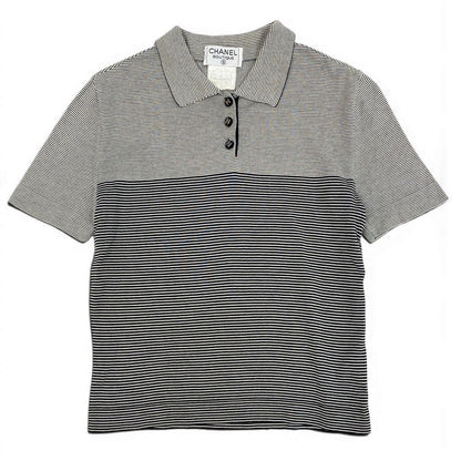 Chanel Boutique CC Logo Button Short Sleeve Polo Shirt Border 38 Black White — view 2