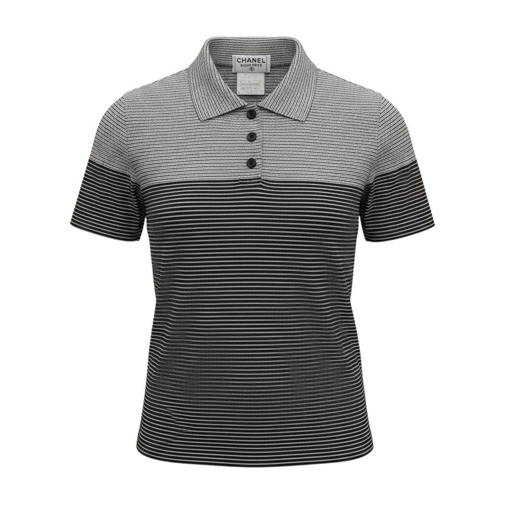 Chanel Boutique CC Logo Button Short Sleeve Polo Shirt Border 38 Black White