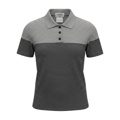 Chanel Boutique CC Logo Button Short Sleeve Polo Shirt Border 38 Black White