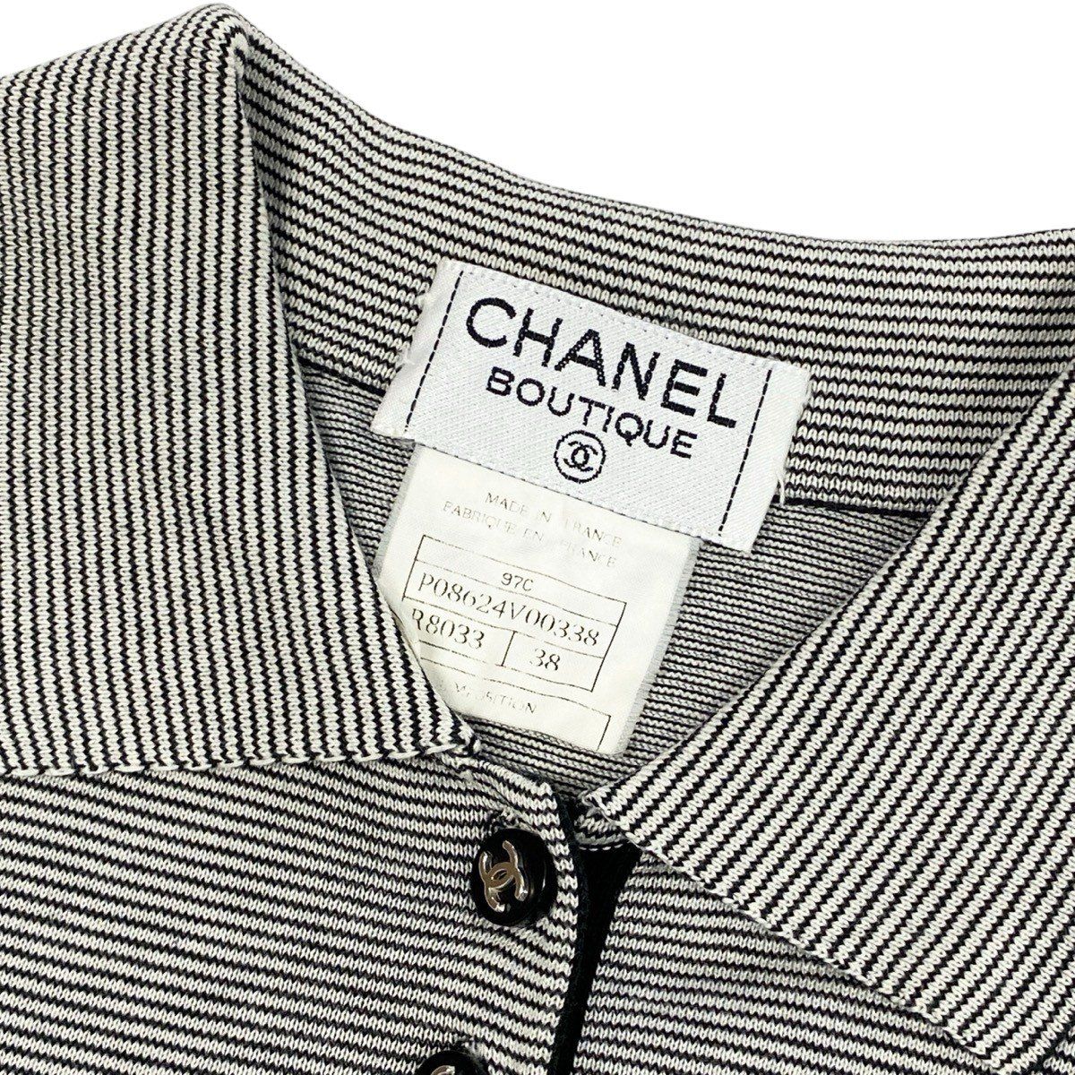 Chanel Boutique CC Logo Button Short Sleeve Polo Shirt Border 38 Black White — view 9