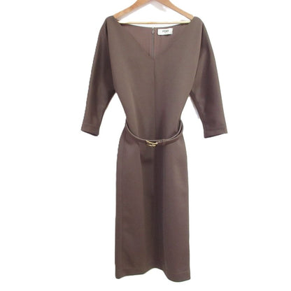 Fendi Square Buckle Narrow Belt Neck Dress Brown
