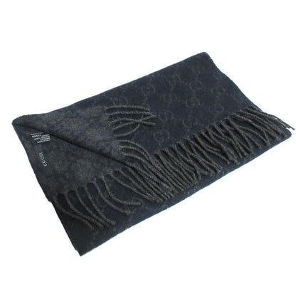 Gucci GG Pattern Cashmere Fringe Scarf Navy