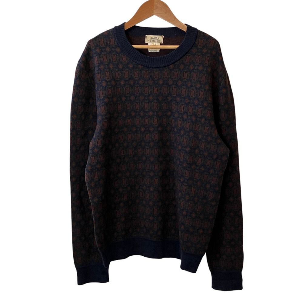 Hermes Vintage All Over Pattern Knit Sweater L Navy