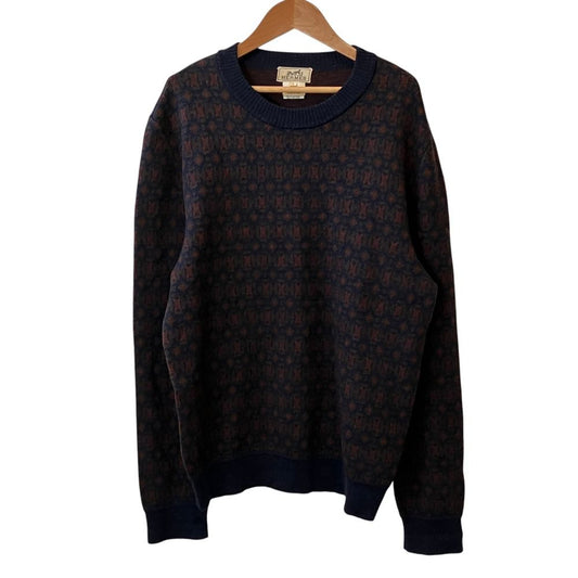 Hermes Vintage All Over Pattern Knit Sweater L Navy