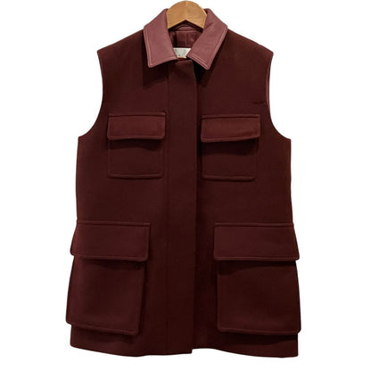 Max Mara Wool Alpaca Leather 4 Pockets Vest Gilet 36 Bordeaux