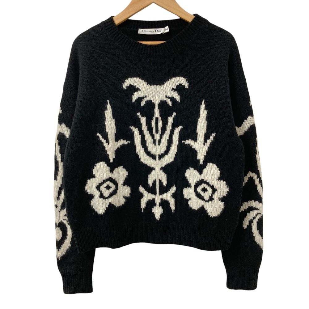 Dior Monochrome Flower Cashmere Knit Sweater 38 Black
