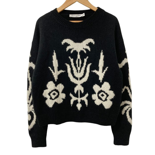 Dior Monochrome Flower Cashmere Knit Sweater 38 Black