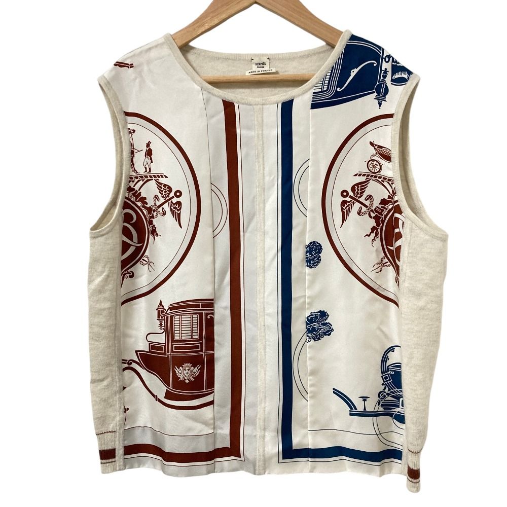 Hermes Twill Rene Exlibris Contrast Sleeveless Knit Blouse 40 Ivory Sweater