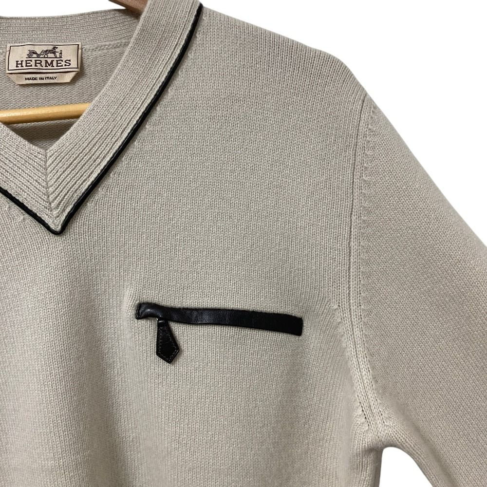 Hermes Leather Trim Front Pocket Neck Cashmere 100% Knit Sweater M Beige — view 4