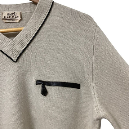 Hermes Leather Trim Front Pocket Neck Cashmere 100% Knit Sweater M Beige — view 4