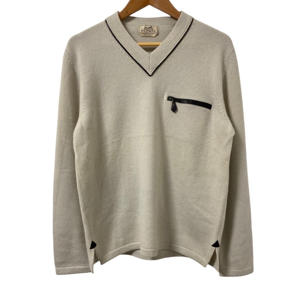 Hermes Leather Trim Front Pocket Neck Cashmere 100% Knit Sweater M Beige