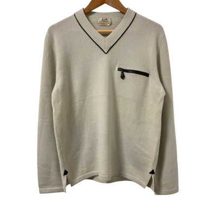 Hermes Leather Trim Front Pocket Neck Cashmere 100% Knit Sweater M Beige