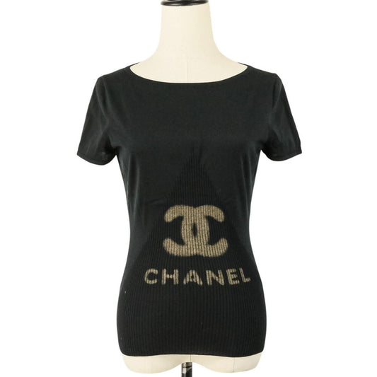 Chanel Silk Blend CC Logo Short Sleeve Summer Knit Sweater 36 Black
