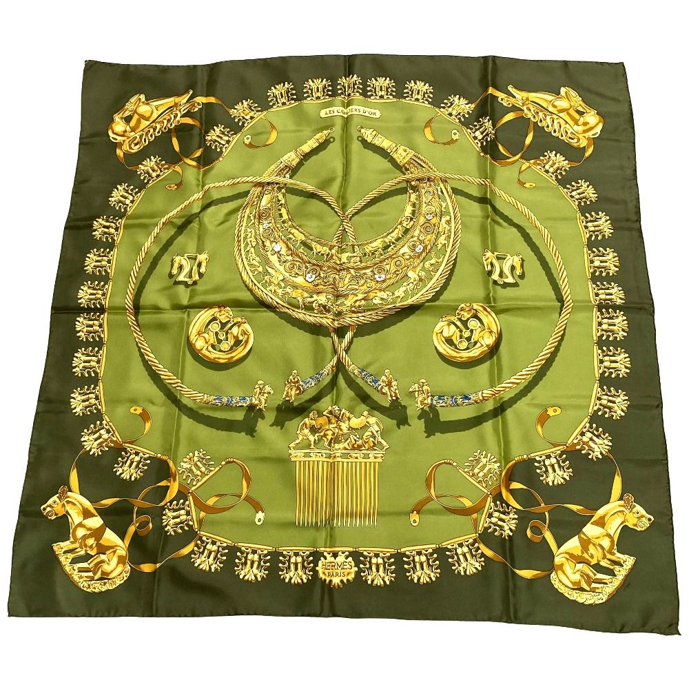Hermes les Cavaliers D'or Yellow Golden Knight Carre 90 Silk Scarf Green