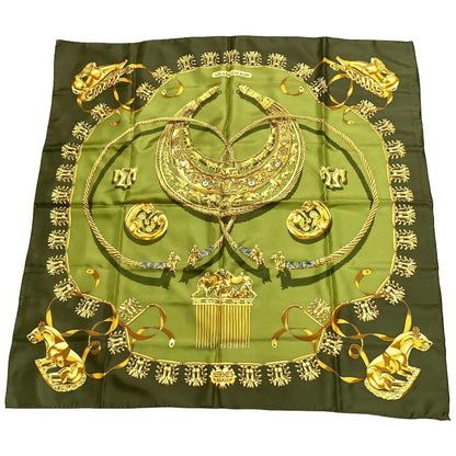 Hermes les Cavaliers D'or Yellow Golden Knight Carre 90 Silk Scarf Green
