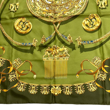 Hermes les Cavaliers D'or Yellow Golden Knight Carre 90 Silk Scarf Green — view 7
