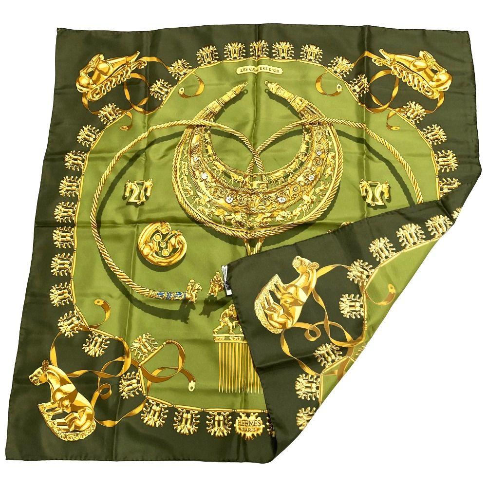 Hermes les Cavaliers D'or Yellow Golden Knight Carre 90 Silk Scarf Green — view 2